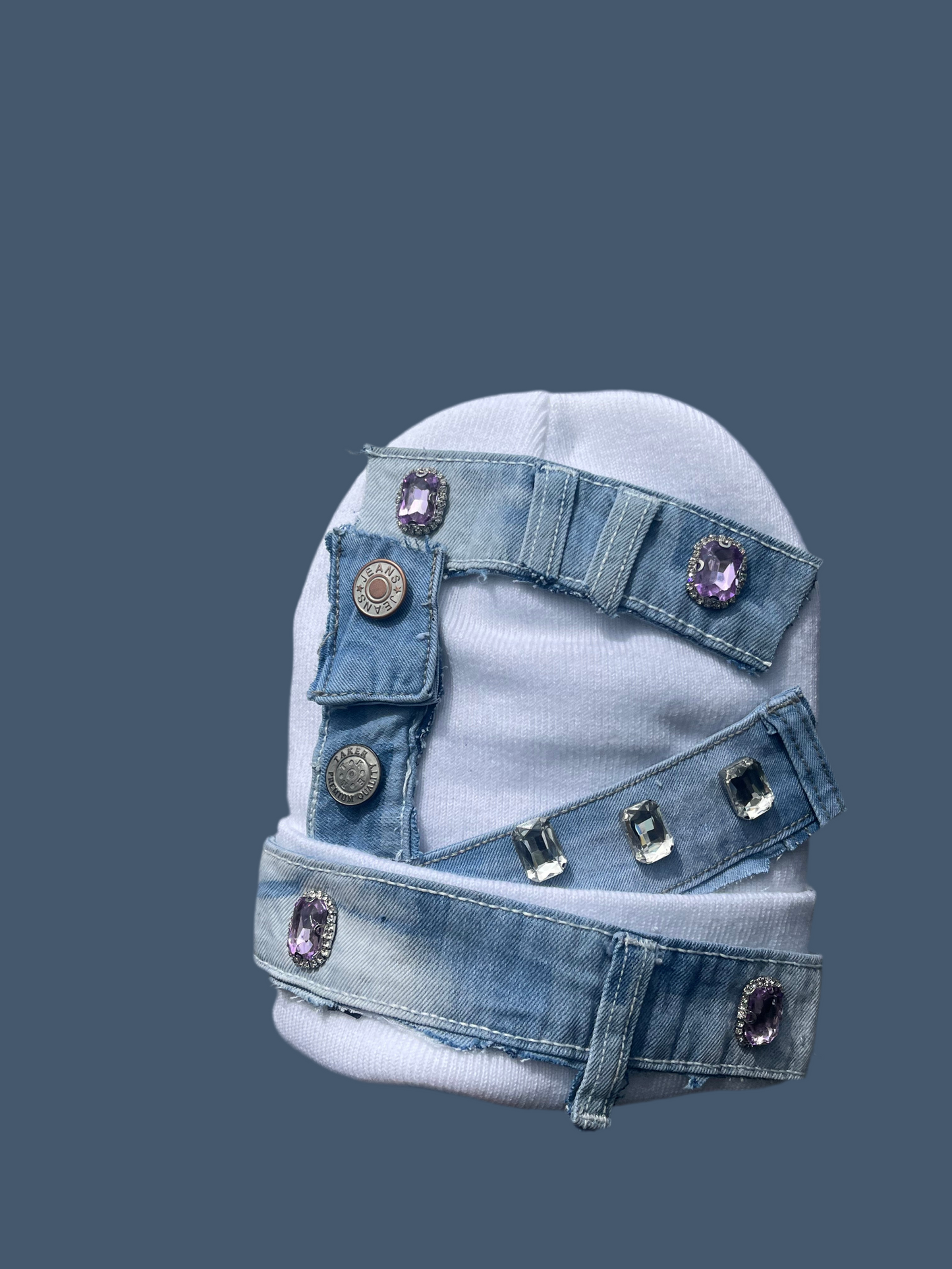 KJE WHITE DENIM CUSTOM BEANIE (ONLY 1 MADE)