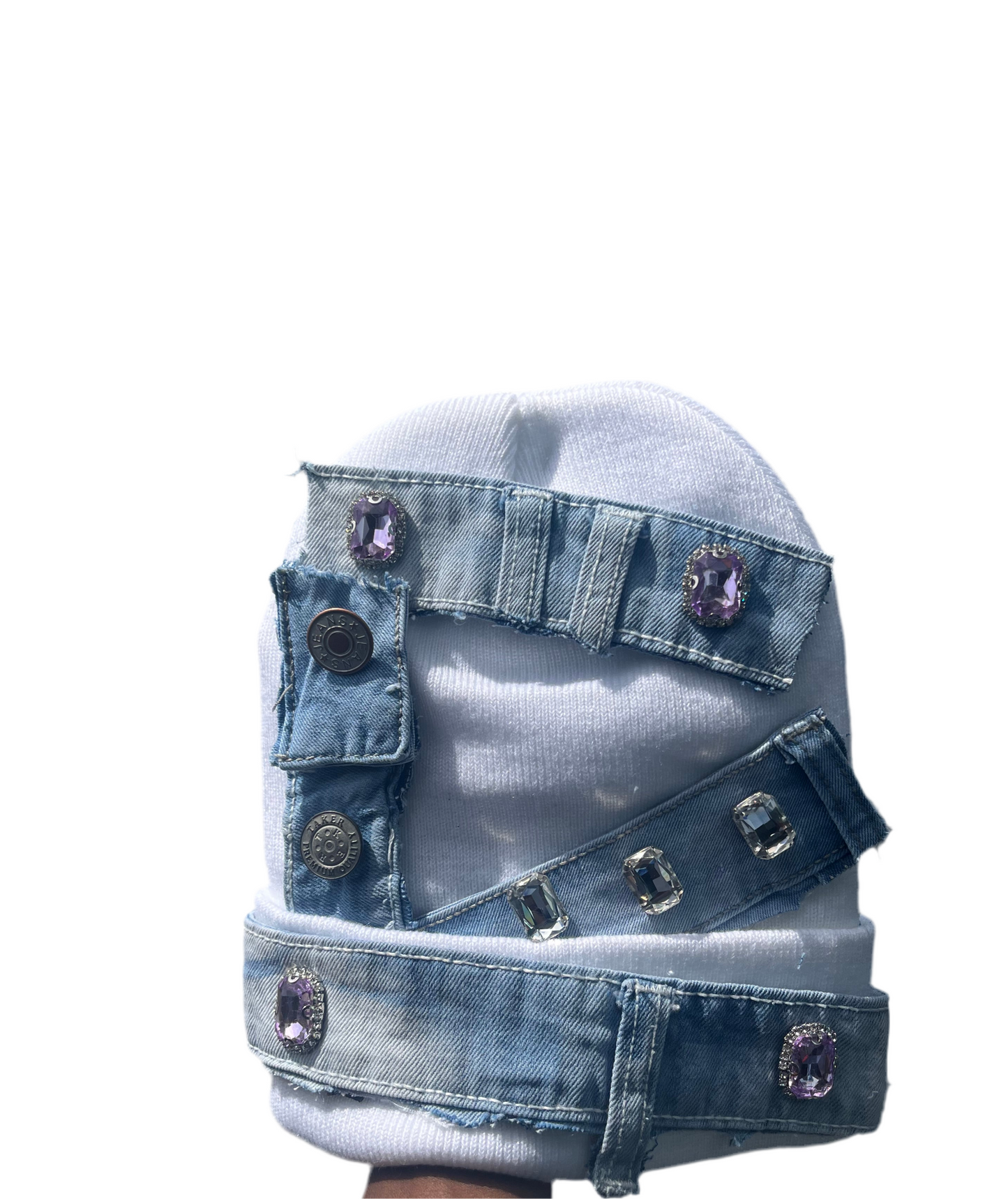 KJE WHITE DENIM CUSTOM BEANIE (ONLY 1 MADE)