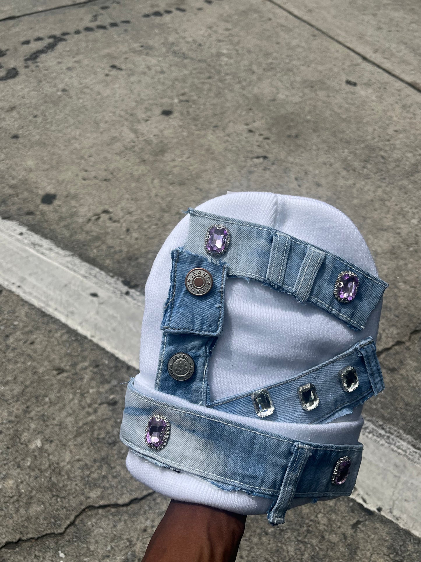 KJE WHITE DENIM CUSTOM BEANIE (ONLY 1 MADE)
