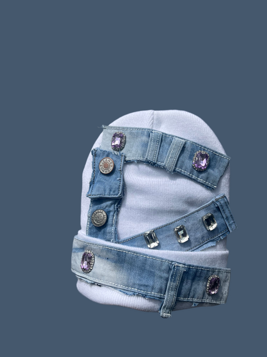 KJE WHITE DENIM CUSTOM BEANIE (ONLY 1 MADE)